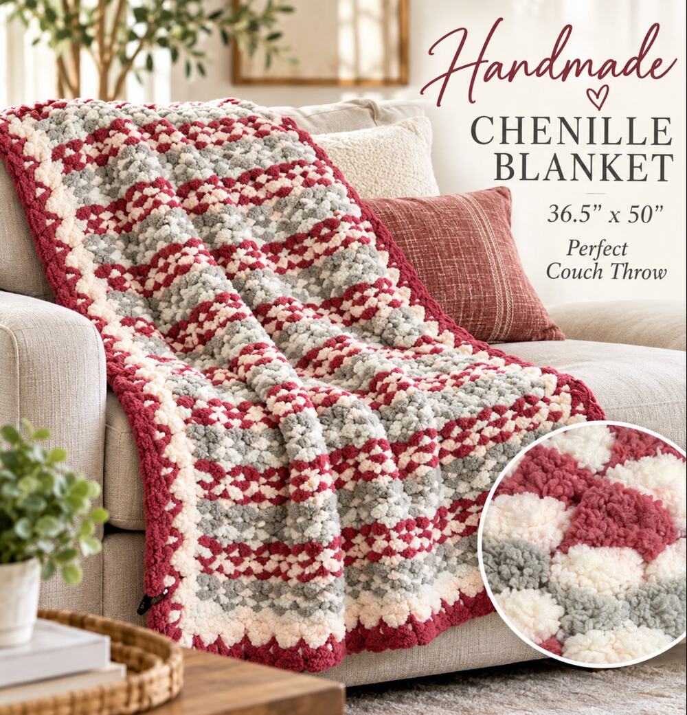 Handmade Chenille Throw Blanket Burgundy Gray Cream Crochet Scalloped 36.5x50